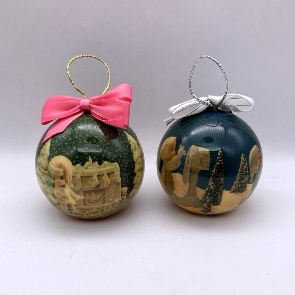 Vtg Set of 2 Precious Moments Decoupage Ball Classic Christmas Ornaments 1990's